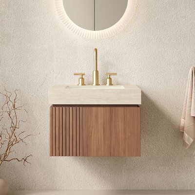 24'' Bathroom Vanity Cabinet w/ Sink Stone Top Pre-Assembled Brown Oak