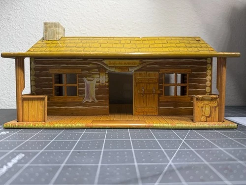 1950'S MARX BAR-M-RANCH TIN LITHO LOG CABIN PLAYSET WILD WEST COWBOYS
