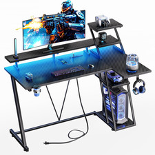 40 Inch Gaming Desk with LED Lights Power Outlet, L Shaped Computer Gaming Tab