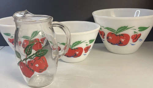 Fire-King Apple Mixing Bowl Set & Pitcher Anchor Hocking Milk Glass