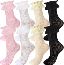 4 Pairs Lace Ruffle Frilly Ankle Socks Women Lace Cute Dress Socks for Women Lad