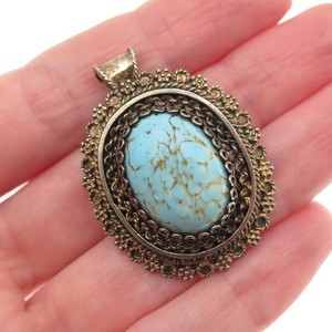 Authentic 935 Silver Gold Plated Vintage Israel Faux Turquoise Pin Brooch / Pendant