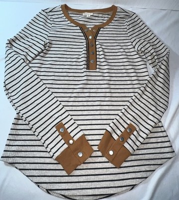 Hem & Thread Women s Striped Henley Top Size Small Brown, Cream, Navy W/ Suede