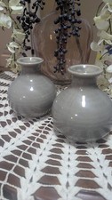 Pair of Small Gray Ceramic Glazed Round Miniature Vases
