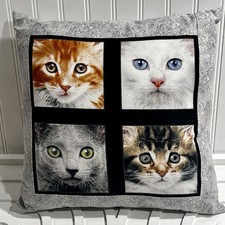 Handcrafted Cat Throw Pillow Multicolor Kitty Cats Collage 14x14 Grey Zip Close