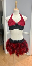 Jazz Tap Dance Costume Red  Black Sequins 2-piece Feathers Child Large