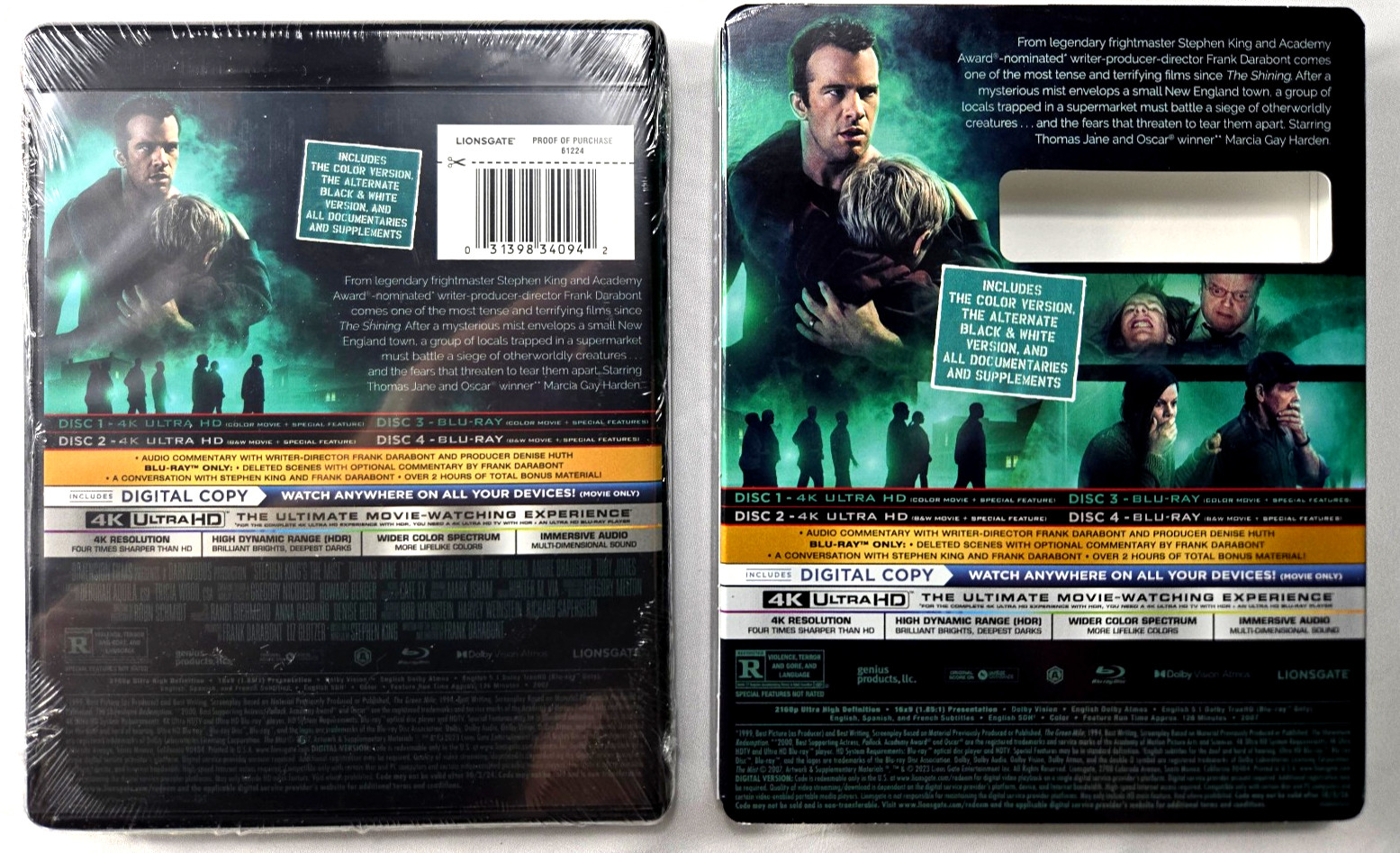 The Mist 4K w B&W Version 4K+Blu-ray+Digital+Slip Cover STEPHEN KING Horror