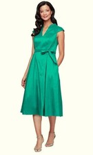 Alex Evenings Hot Teal V-Neck Taffeta Tea-Length Waist Tie Dress Size 8 $199