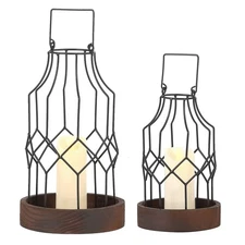Set of 2 Farmhouse Lanterns Decorative Indoor, Rustic Candle Lantern Holder w...