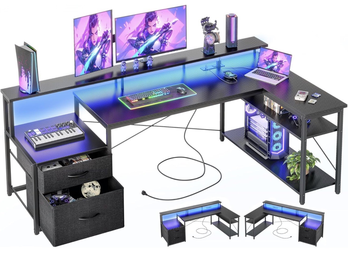 L Shaped Gaming Computer Desk with LED Lights, Drawers & Power Outlets for Home