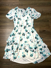 Simply Vera Vera Wang S White/Blue/Green Floral Chiffon V-Neck Ruffle Dress
