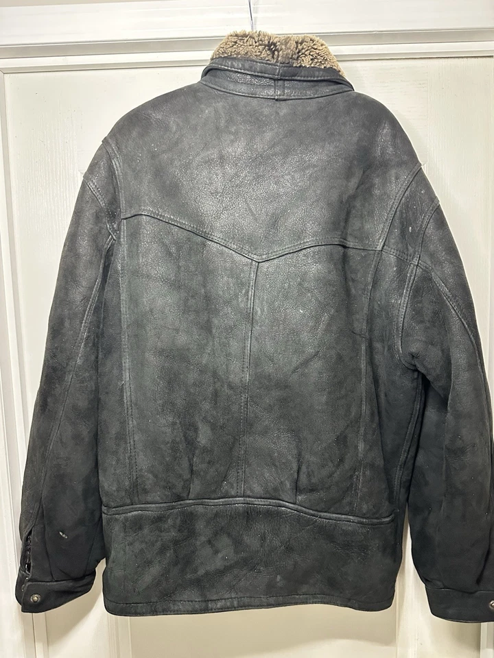 Men’s Vintage Flight Jacket Lambskin Shearling CrossZip Italy Brass Snap Size L - Image 2 of 4