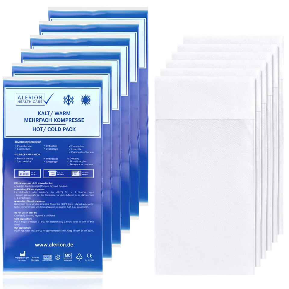 Alerion 6 Stück 21 x 38 cm Kalt Warm Kompresse Set + 6x 21 x 38 cm Vlieshülle