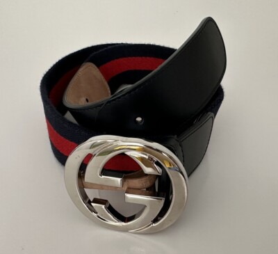 NWT Gucci Web GG Silver Buckle Leather/Fabric Belt Blue/Red  display picture 3