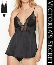 Victoria's Secret Satin Baby Doll Lingerie Teddy Slip Black Sleep Set Medium NWT