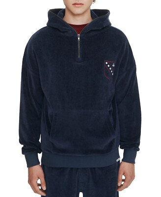 Eleven Paris Men's Cotton Quarter-Zip Velour Hoodie in Dress Navy Size Large New