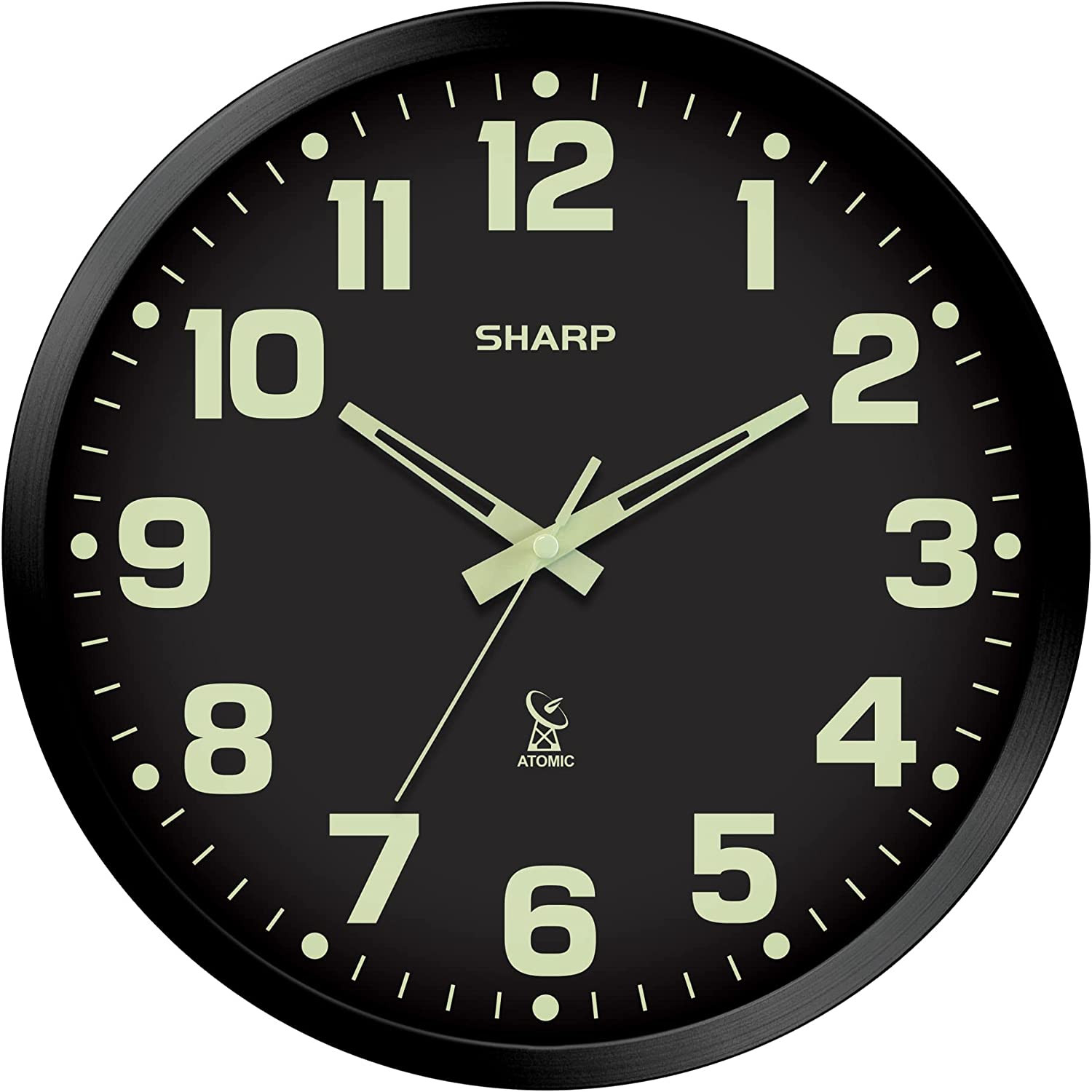 Atomic Analog Wall Clock Glow In Dark 12" With Black Frame NEW