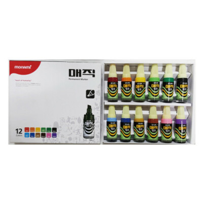 MONAMI Oil Magic Ink Permanent Marker Water Proof Bottle Type (12 Colors Set)