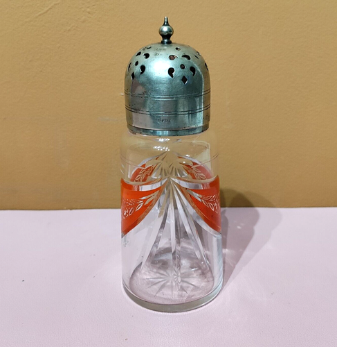 Antique Sugar Shaker Cut Glass With EPNS Silver Lid And Red Floral Detailing - Picture 2 of 12