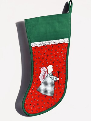 Vintage Handmade Christmas Stocking Angel Appliqué Eyelet Lace Trim Retro MCM