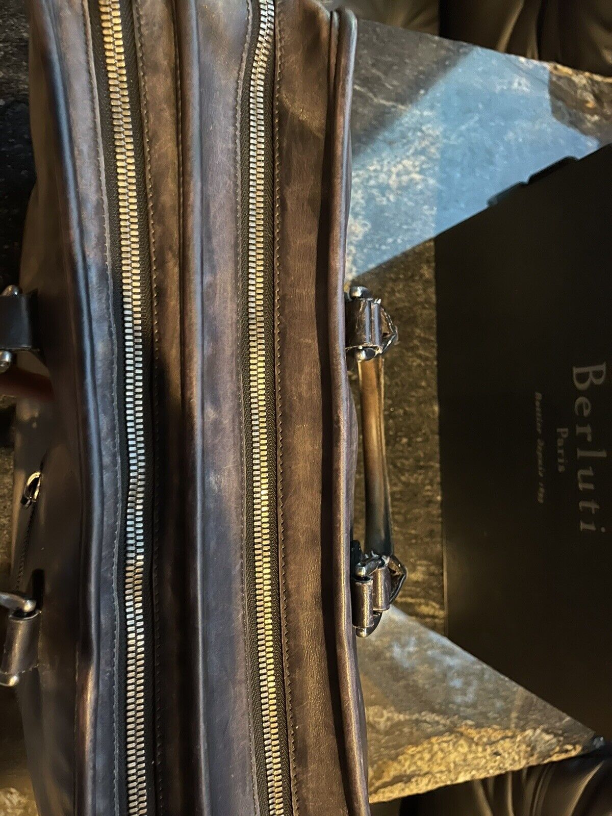 Berluti Briefcase Venetian Leather Grey Patina Double Zipper Bag