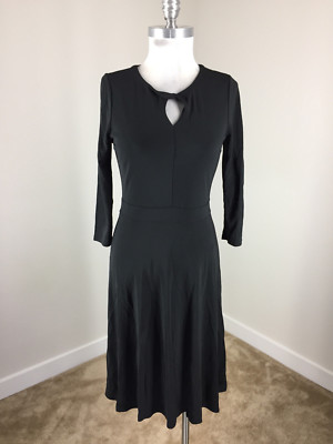 Lands' End S 6 8 Black Midi dress Keyhole A line Flare 3/4 sleeve Stretch  Chic | eBay