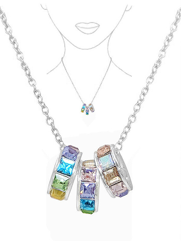 Multi Color Crystal Triple Ring Pendant Necklace White Gold
