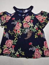 Naif Womens Cold Shoulder Floral Top 2X Navy Pink & Green Print