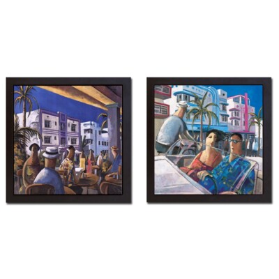 Framed Breakfast & Cruising in Miami by Lourenco 2-pc Canvas Set (32 in x 32 in)