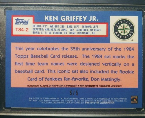 Topps Silver Pack Series 2 T84-2 2019 Ken Griffey Jr. automático rojo paralelo #'d 5/5 - Imagen 2 de 2