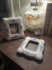 2 Vtg Fetco Ceramic Picture Frame Country Blue Flowers Handmade Cottage Spring
