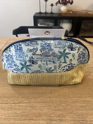 Straw Woven Blend Zip Make Up-Cosmetic Travel Bag Vacation 13 x7  Wandering Moon