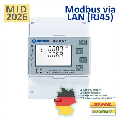 EASTRON SDM630-TCP - 3 Phasen Stromzähler Hutschiene RS485 via Netzwerk (RJ45)