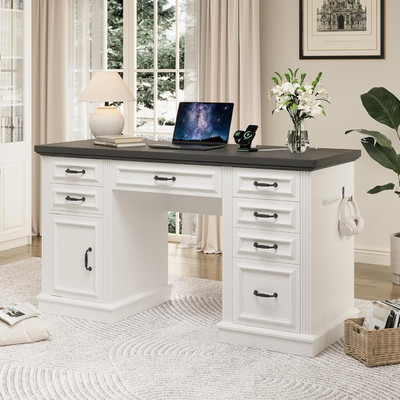 Farmhouse 57'' Executive Desk with 7 Drawers & Charging Station, White