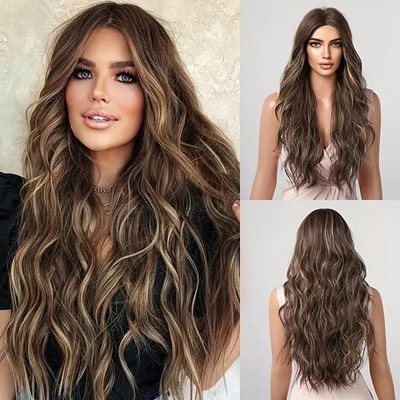 Natural Dark Brown Long Curly Wig Middle Part No Bangs European Style Full Head