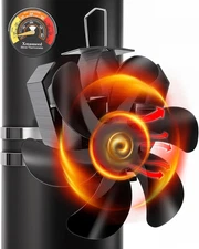 Wood Stove Fan, Pipe Fireplace Fan with Magnetic Thermometer, 6 Blades Stove Fan