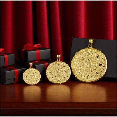 Gold Azteken Maya Sonne Kalender Anhänger (S/M/L) 10k/14k, gelb, weiß, Rose