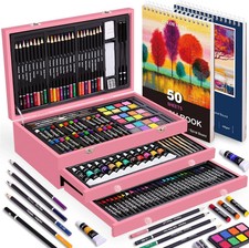 175 Piece Deluxe Art Set with 2 Drawing Pads, Acrylic Paints, Crayons, Pink