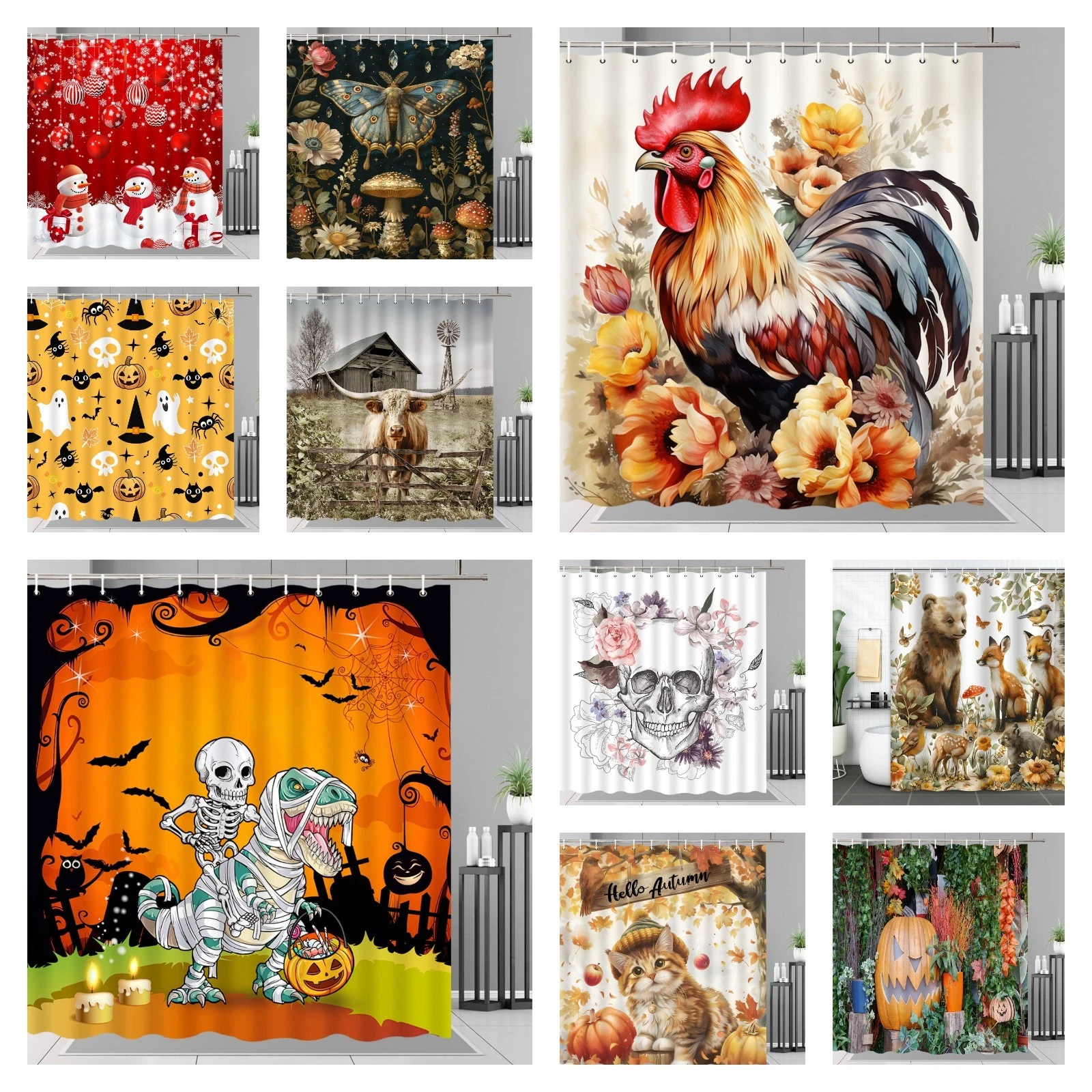 IPC Shower Curtain Autumn, Harvest, Halloween, Holiday, Gothic, Pumpkin