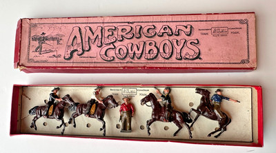 Britains American Cowboys 183 Vintage Metall Spielzeug Figuren bewegliche Arme & Kopf