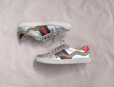 Gucci Ace Sneakers Silver Dragon Men US 11.5 Leather Shoes Low Top