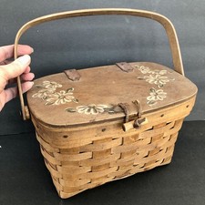 Vtg Longaberger Purse Basket 10x6 Toggle Leather Hinge 83' Signed paint flowers