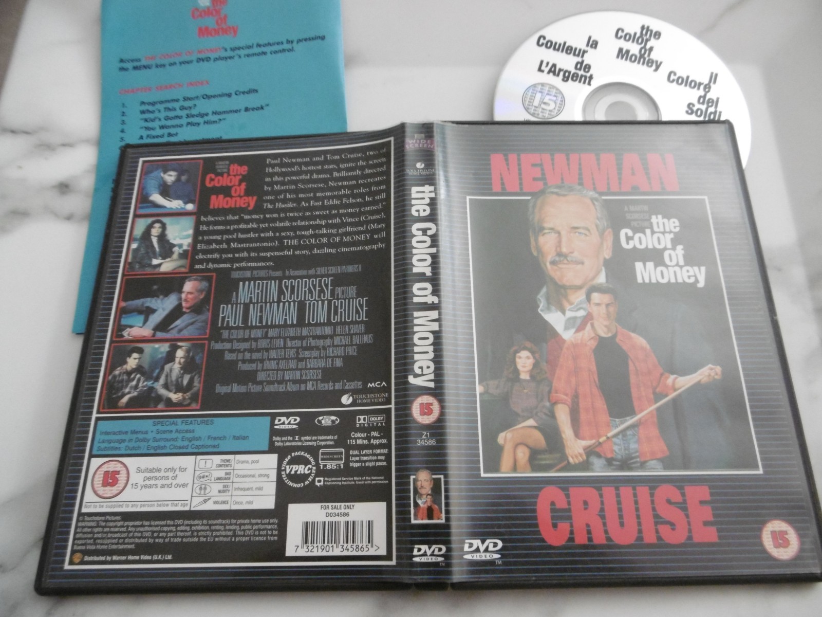 THE COLOR OF MONEY DVD TOM CRUISE PAUL NEWMAN 15 PAL REG 2 MARTIN SCORSESE
