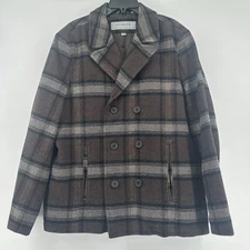 MARC NEW YORK ANDREW MARC Double Breasted Coat Men's XL Plaid Brown Wool Blend