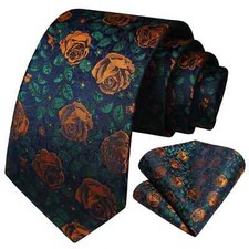 Mens Tie Floral Tuxedo Neckties Handkerchief Set Gold Rose Flower Pattern Tie...