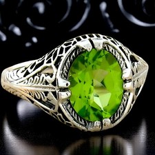 GENUINE 2 CARAT PERIDOT 925 STERLING SILVER ANTIQUE STYLE FILIGREE RING   735