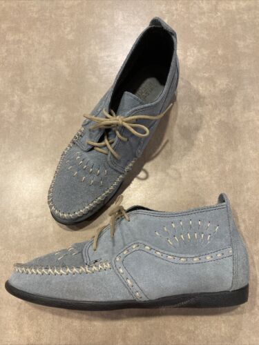 Minnetonka~Suede Ankle Boot Moccasin Lace Up Blue Leather Womens Sz 7 1/2
