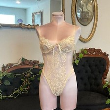 vintage Escante Lace Mesh Panel High Leg teddy Bodysuit lingerie Size M Cream