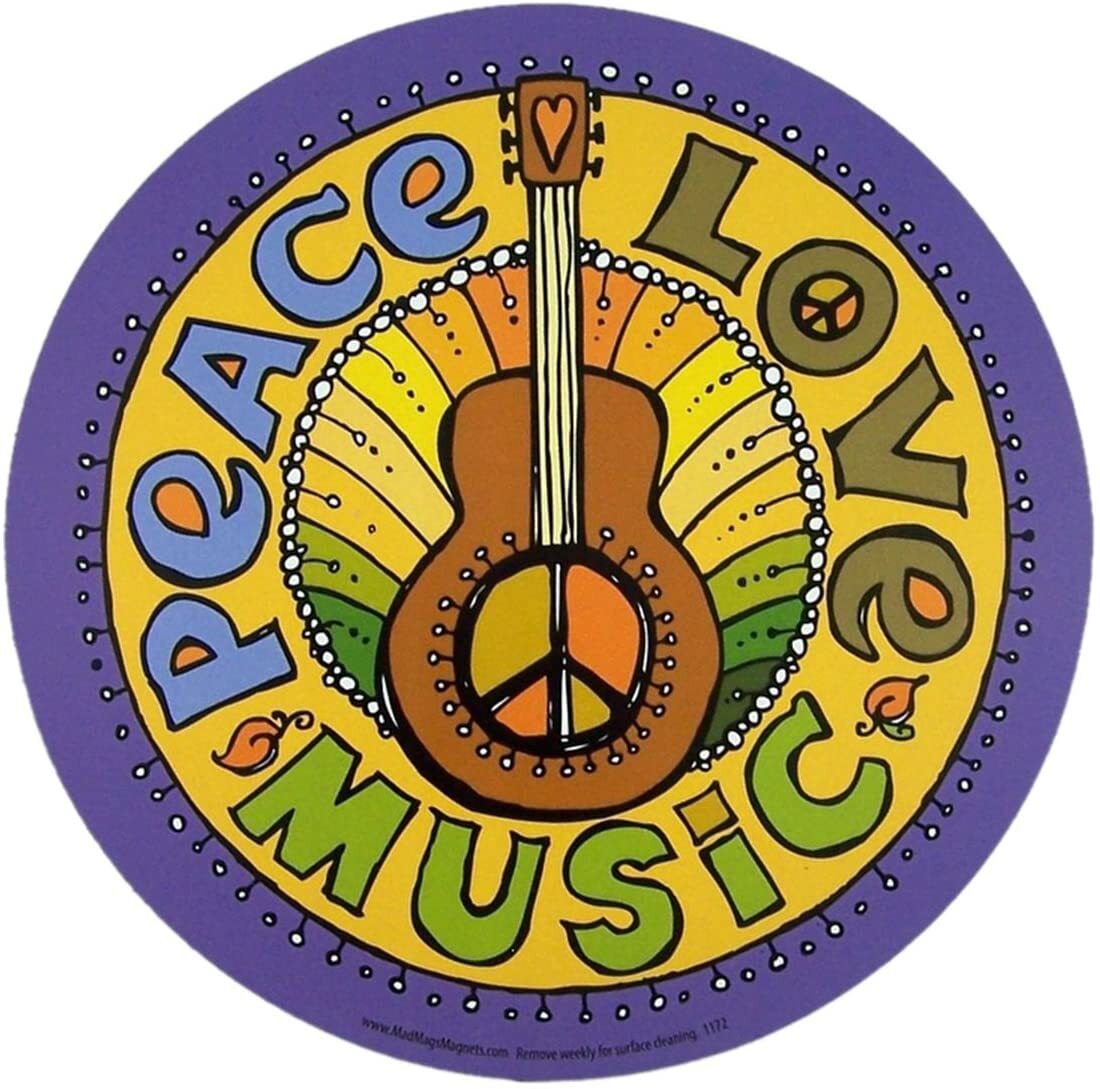 Peace, Love, and Music Magnet for Car Locker or Refrigerator, 5 1/2 Inch