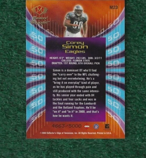 COREY SIMON  4663/5000 - 2000 COLLECTOR'S EDGE MASTERS MAJESTIC ROOKIE CARD #M23 - Image 3 of 3